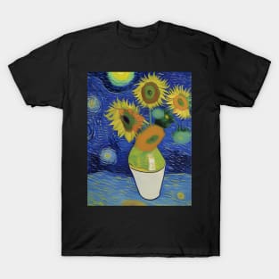 Starry Night Meets Sunflowers By Ricaso T-Shirt
